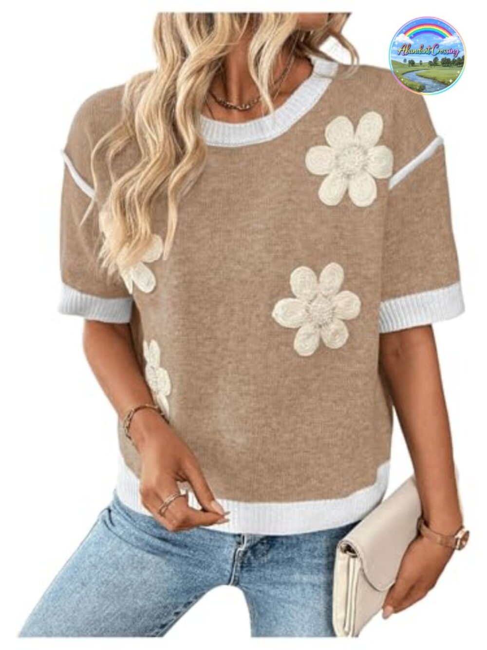 Women's Floral Knit Pullover Short Sleeve Loose Sweater